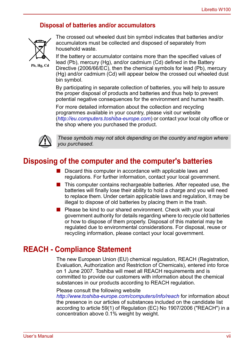 Reach - compliance statement, Disposal of batteries and/or accumulators | Toshiba Libretto W100 User Manual | Page 7 / 117