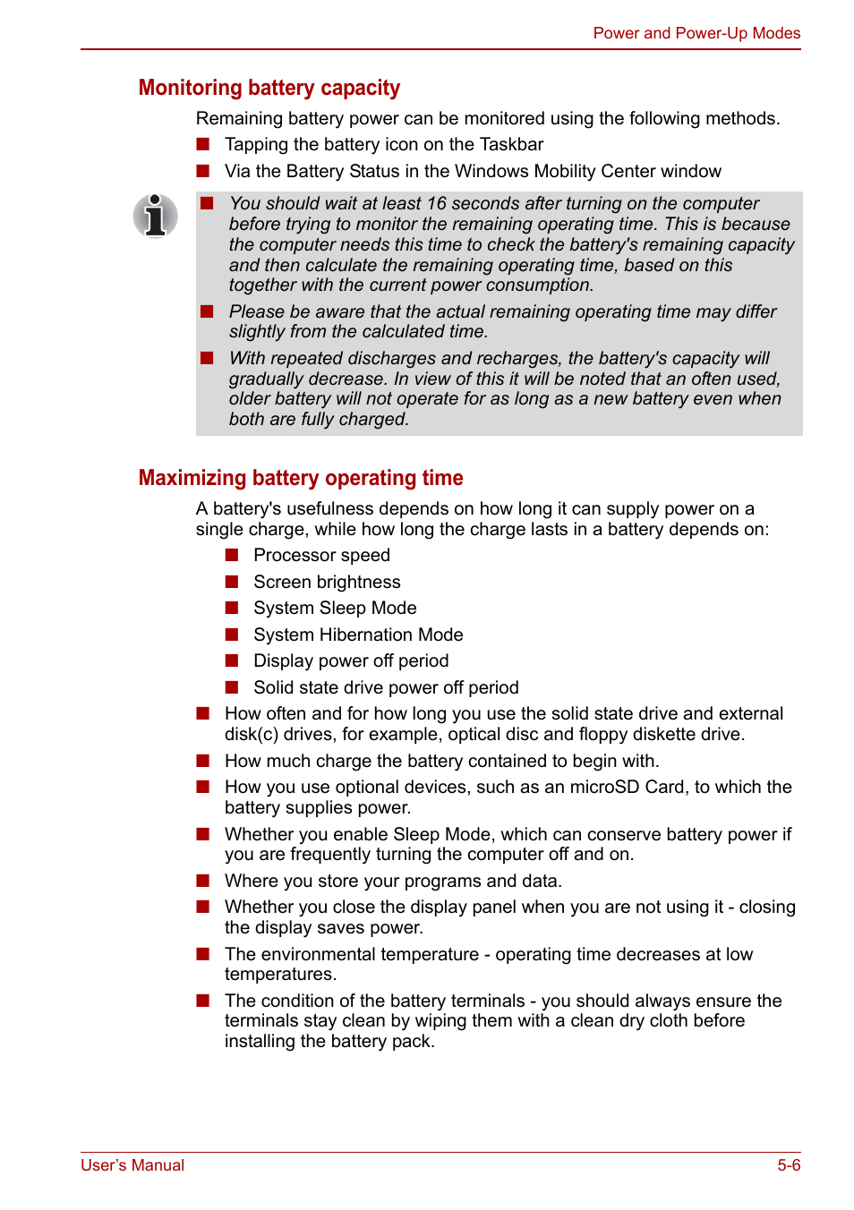 Monitoring battery capacity, Maximizing battery operating time | Toshiba Libretto W100 User Manual | Page 72 / 117