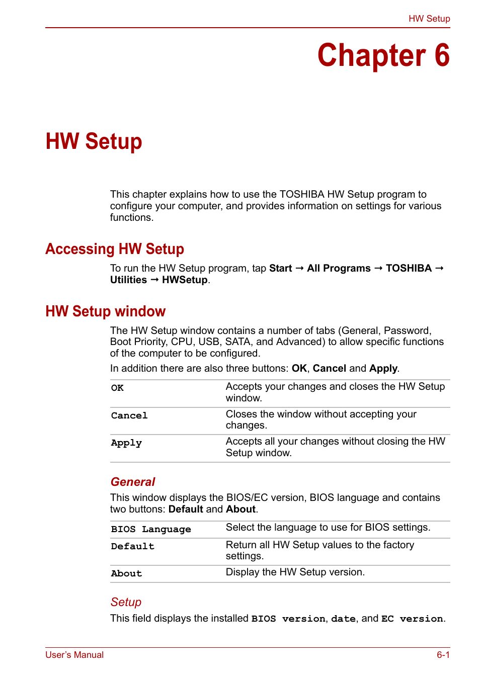 Chapter 6: hw setup, Accessing hw setup, Hw setup window | Chapter 6, Hw setup, Accessing hw setup -1 hw setup window -1 | Toshiba Libretto W100 User Manual | Page 77 / 117