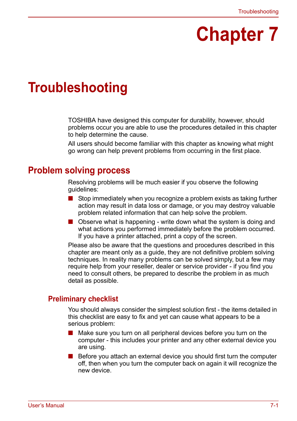 Chapter 7: troubleshooting, Chapter 7, Troubleshooting | Problem solving process | Toshiba Libretto W100 User Manual | Page 83 / 117