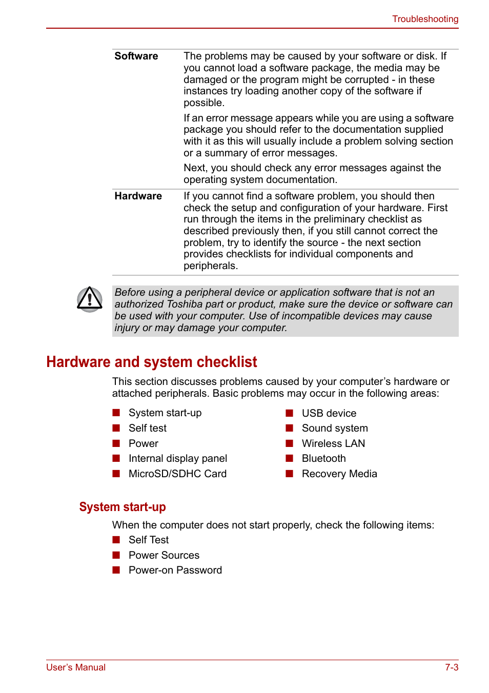 Hardware and system checklist, Hardware and system checklist -3, System start-up | Toshiba Libretto W100 User Manual | Page 85 / 117