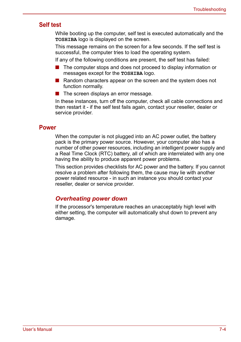 Self test, Power | Toshiba Libretto W100 User Manual | Page 86 / 117