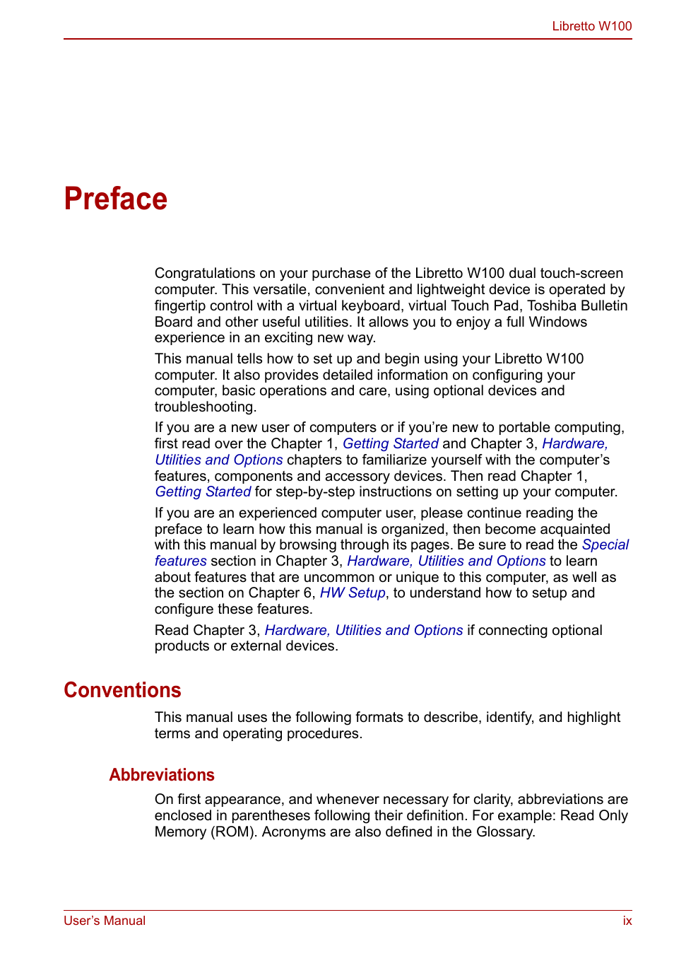 Preface, Conventions | Toshiba Libretto W100 User Manual | Page 9 / 117