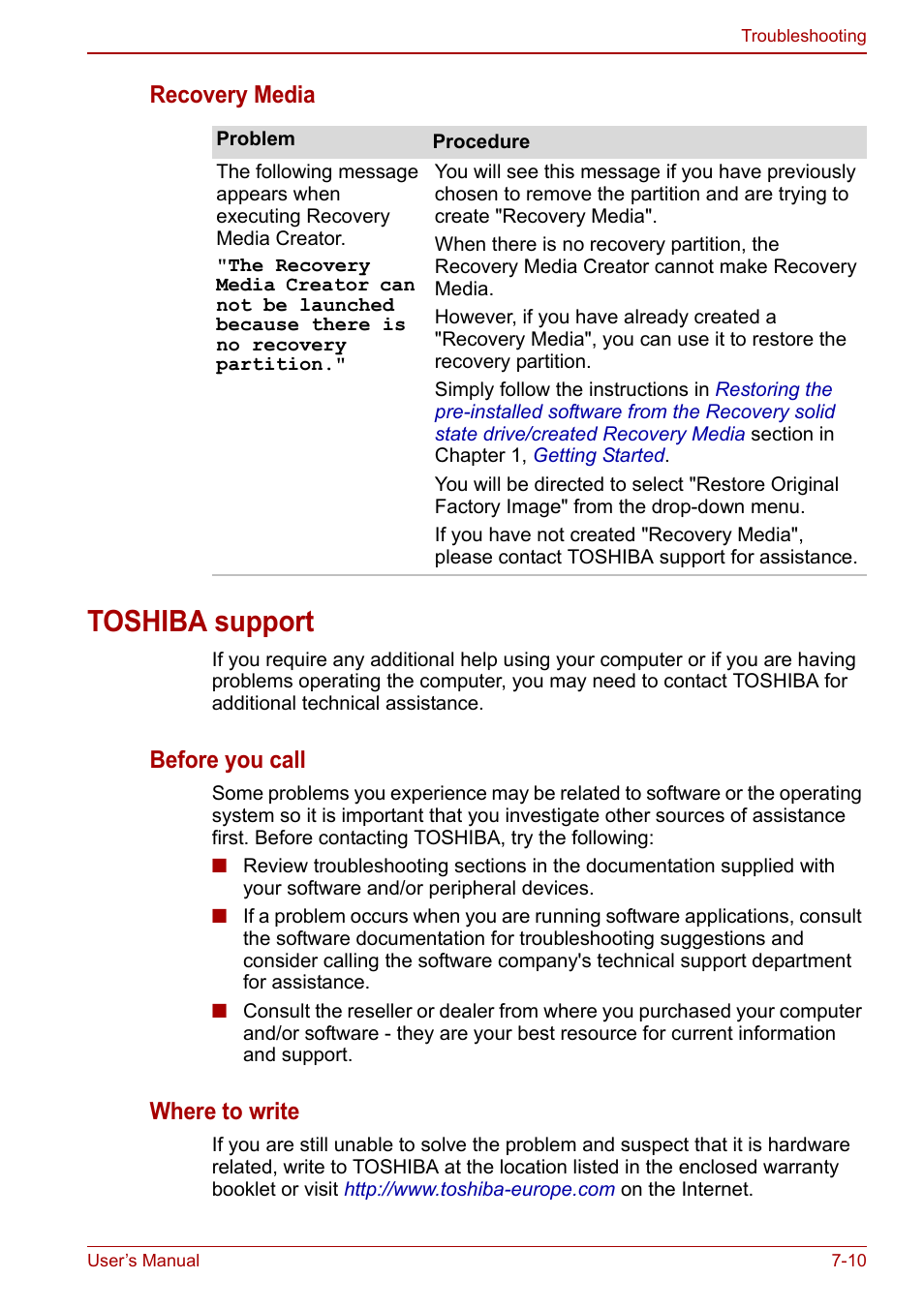 Toshiba support, Toshiba support -10, Recovery media | Before you call, Where to write | Toshiba Libretto W100 User Manual | Page 92 / 117