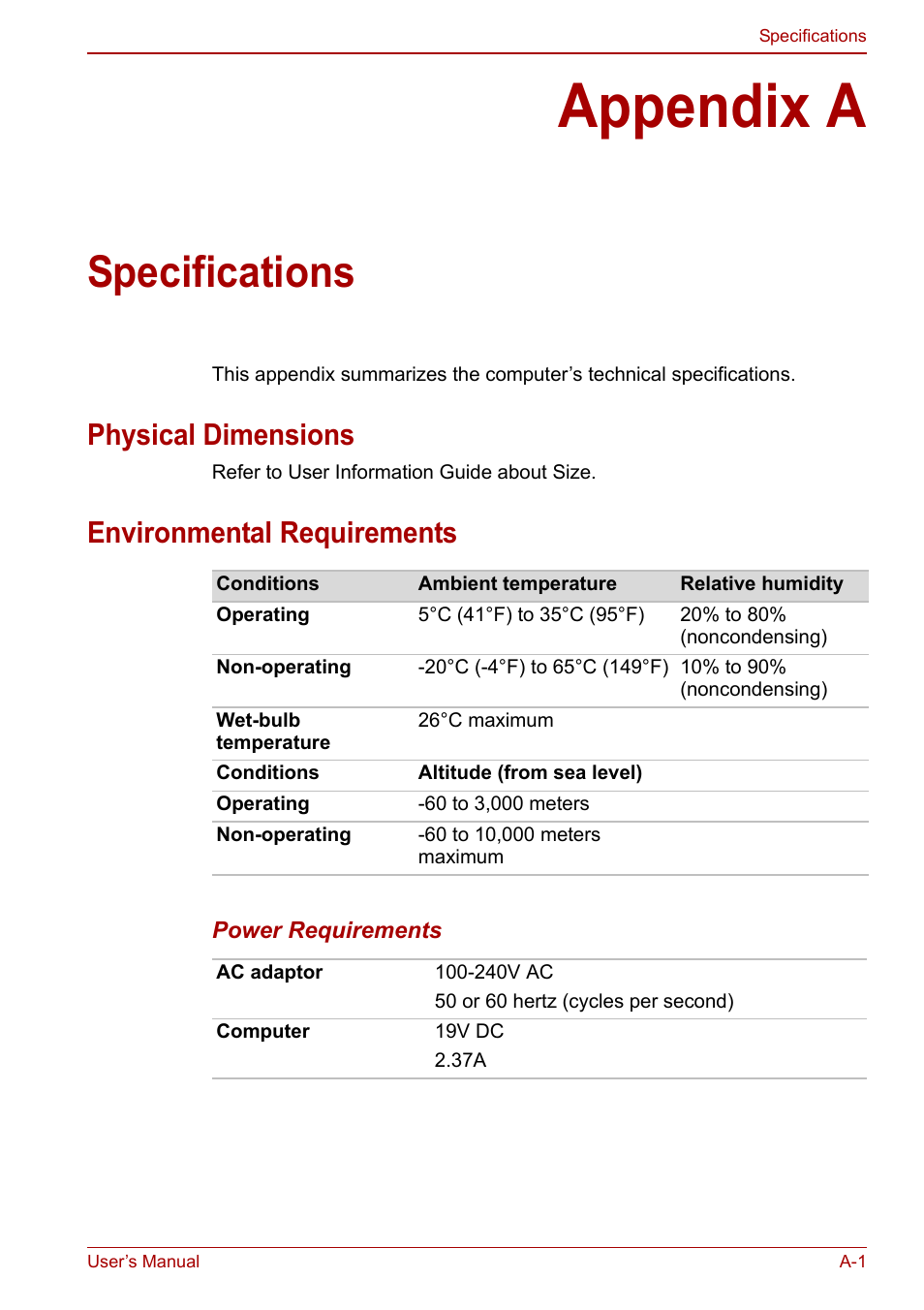 Appendix a: specifications, Appendix a, Specifications | Physical dimensions, Environmental requirements | Toshiba Libretto W100 User Manual | Page 93 / 117