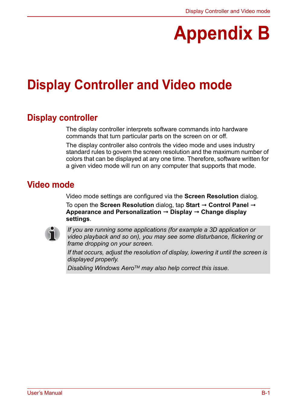 Appendix b: display controller and video mode, Appendix b, Display controller and video mode | Display controller and, Video mode, Display controller | Toshiba Libretto W100 User Manual | Page 94 / 117