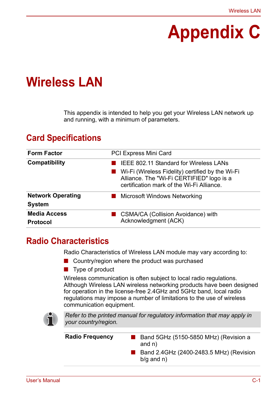 Appendix c: wireless lan, Appendix c, Wireless lan | Card specifications radio characteristics | Toshiba Libretto W100 User Manual | Page 95 / 117