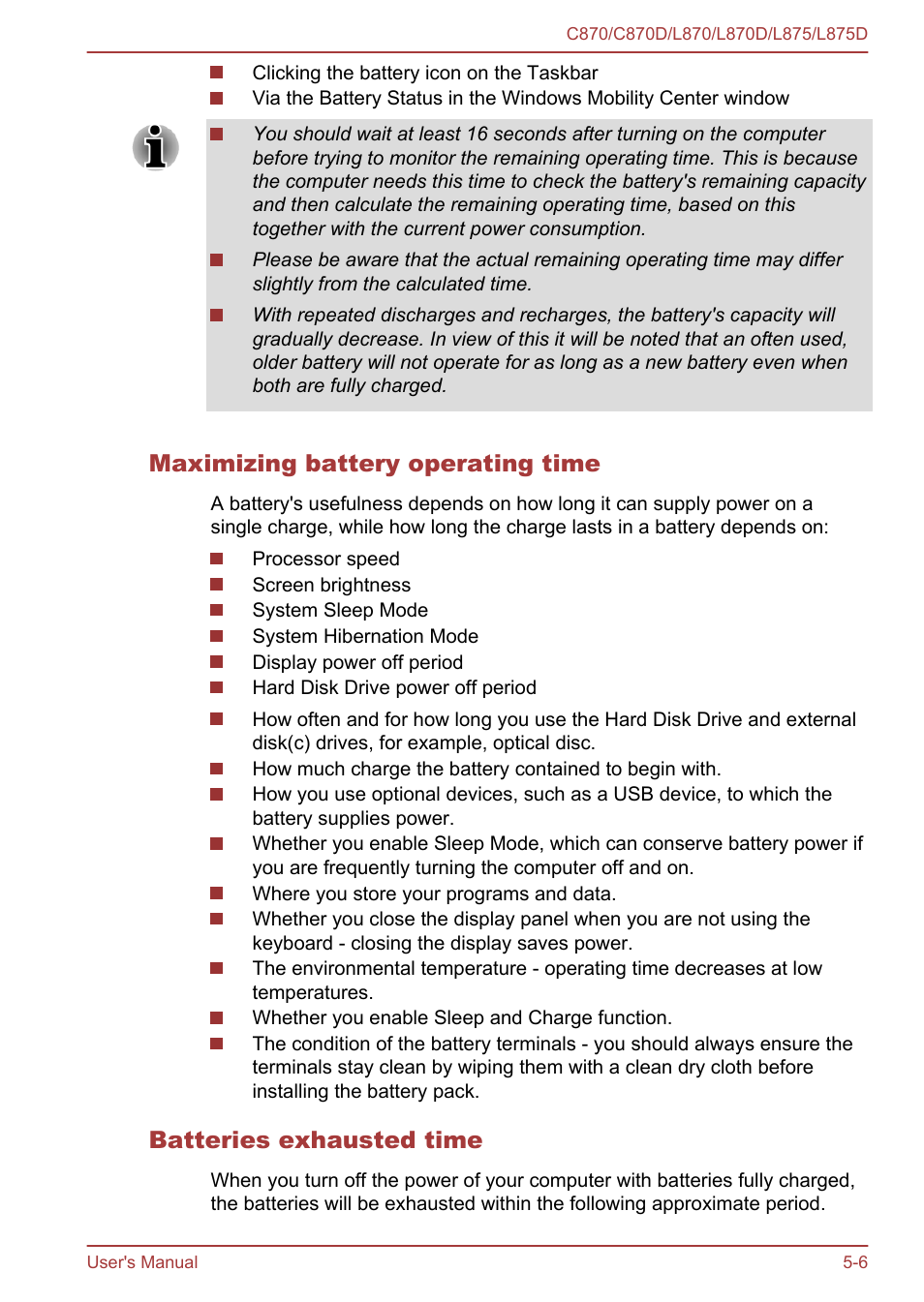 Maximizing battery operating time, Batteries exhausted time | Toshiba Satellite C870-E User Manual | Page 108 / 152