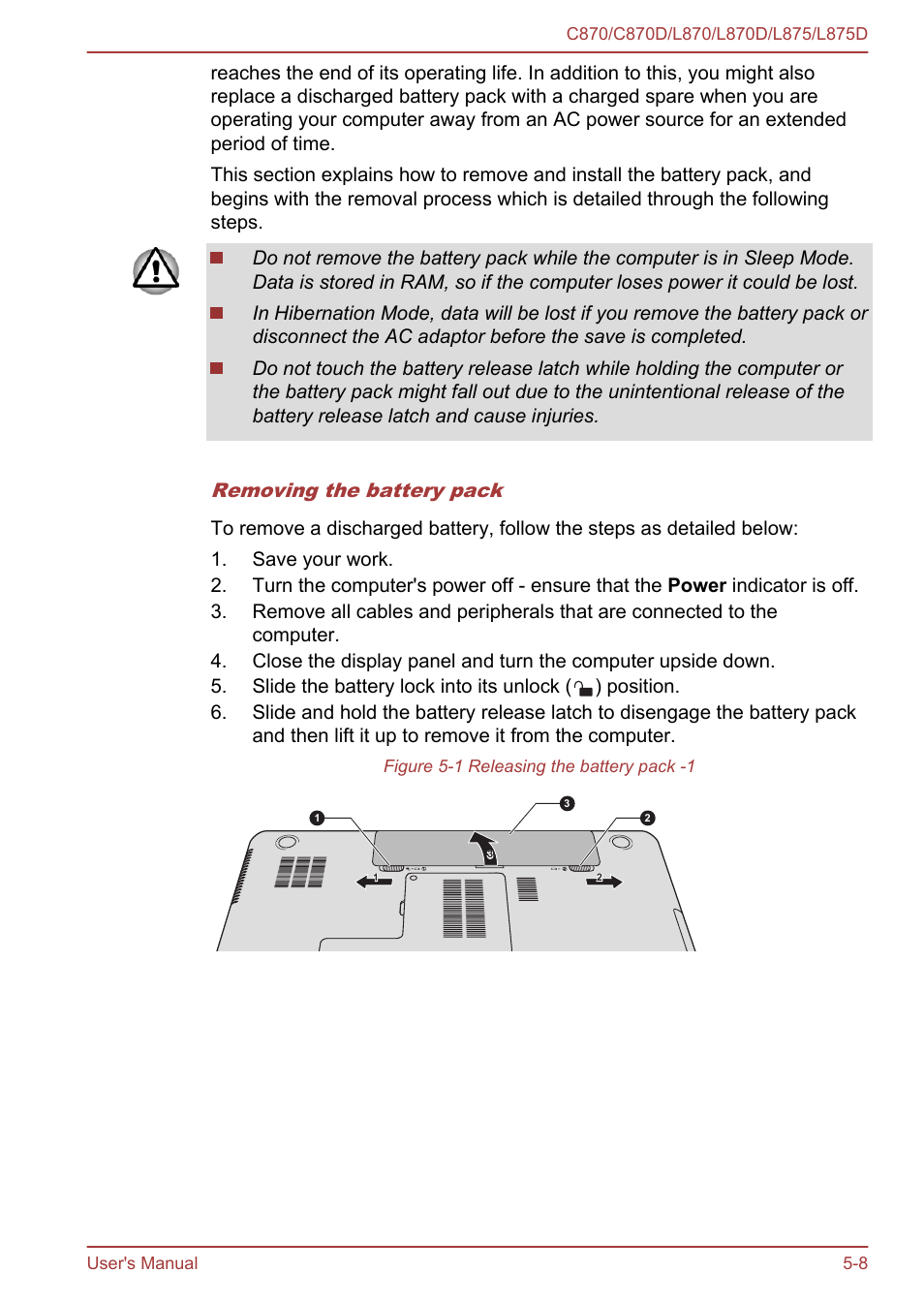 Removing the battery pack | Toshiba Satellite C870-E User Manual | Page 110 / 152