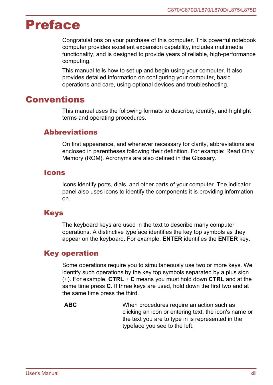 Preface, Conventions, Abbreviations | Icons, Keys, Key operation | Toshiba Satellite C870-E User Manual | Page 13 / 152