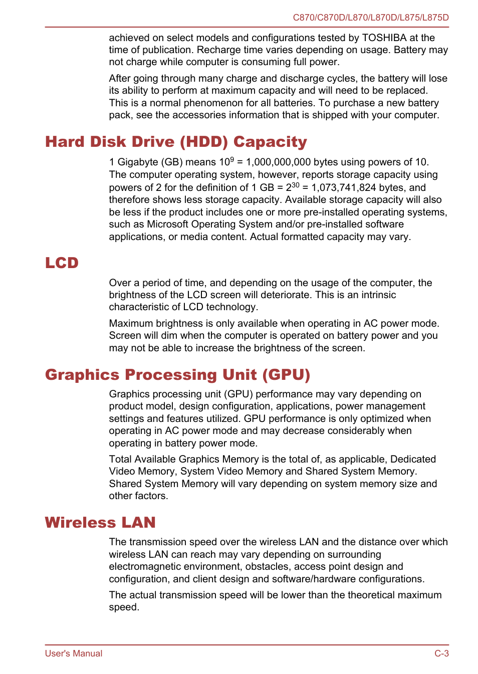 Hard disk drive (hdd) capacity, Graphics processing unit (gpu), Wireless lan | Toshiba Satellite C870-E User Manual | Page 136 / 152