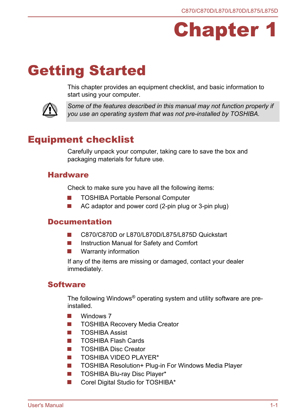 Chapter 1 getting started, Equipment checklist, Hardware | Documentation, Software, Chapter 1, Getting started, Equipment checklist -1 | Toshiba Satellite C870-E User Manual | Page 17 / 152