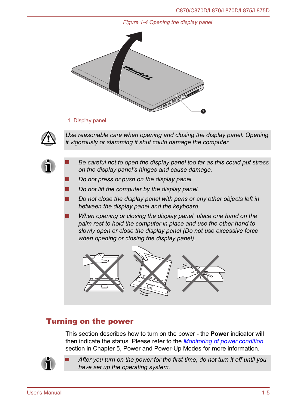 Turning on the power | Toshiba Satellite C870-E User Manual | Page 21 / 152