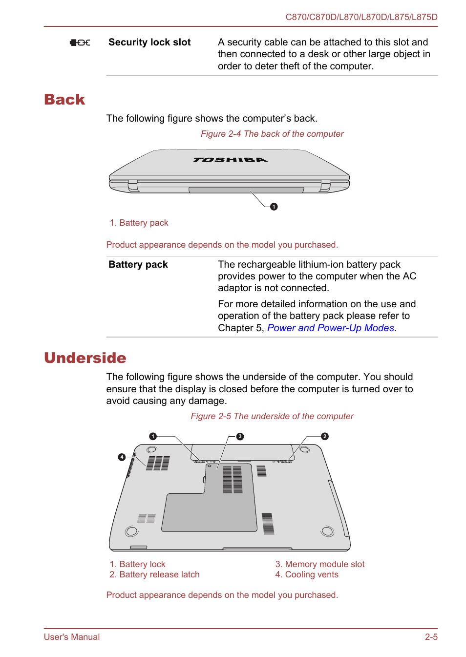 Back, Underside, Back -5 underside -5 | Toshiba Satellite C870-E User Manual | Page 31 / 152