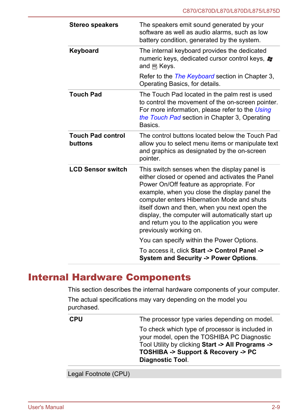 Internal hardware components, Internal hardware components -9 | Toshiba Satellite C870-E User Manual | Page 35 / 152