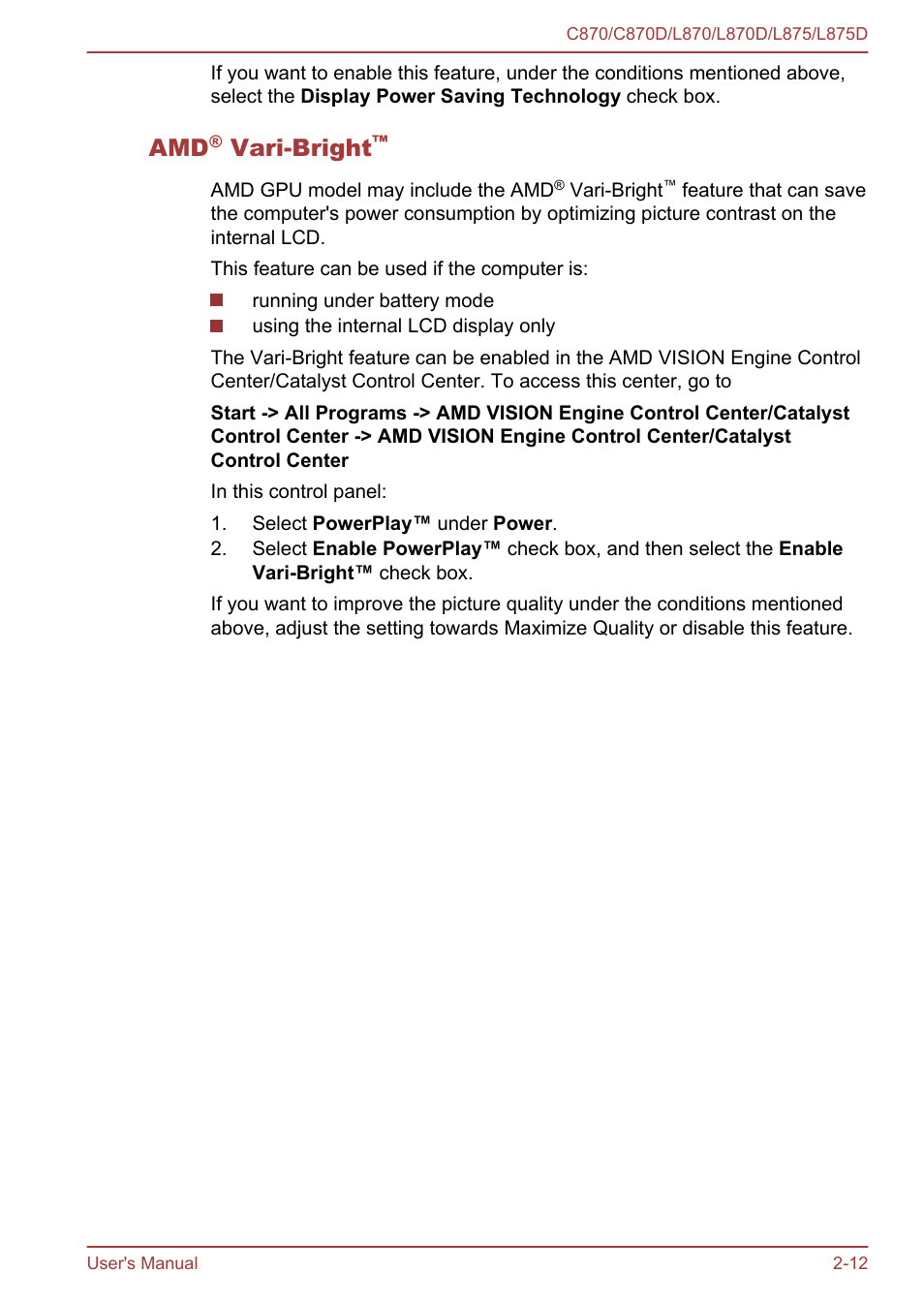 Amd® vari-bright, Vari-bright | Toshiba Satellite C870-E User Manual | Page 38 / 152