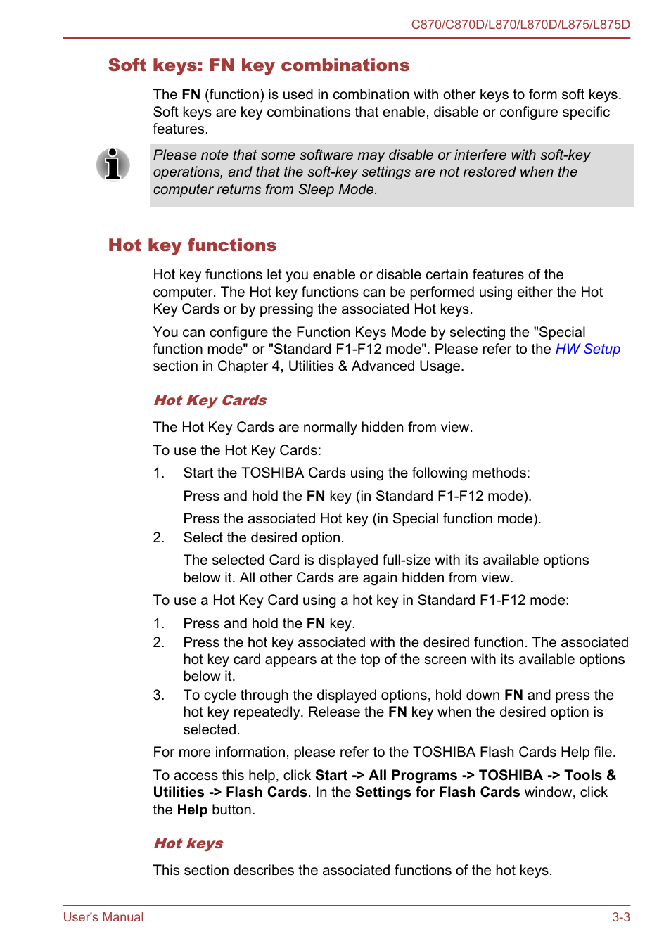 Soft keys: fn key combinations, Hot key functions | Toshiba Satellite C870-E User Manual | Page 41 / 152