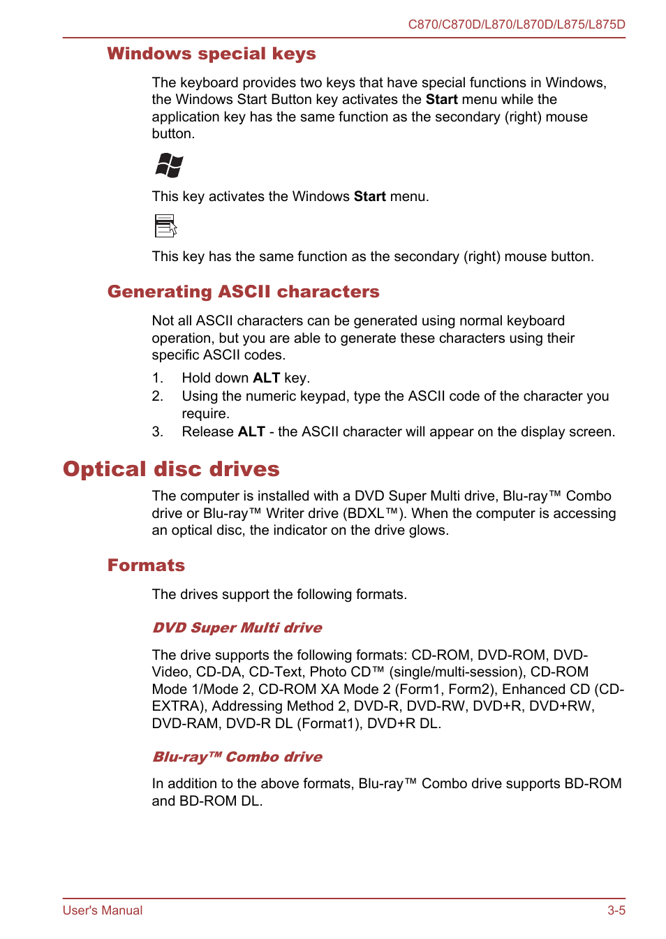 Windows special keys, Generating ascii characters, Optical disc drives | Formats, Optical disc drives -5 | Toshiba Satellite C870-E User Manual | Page 43 / 152