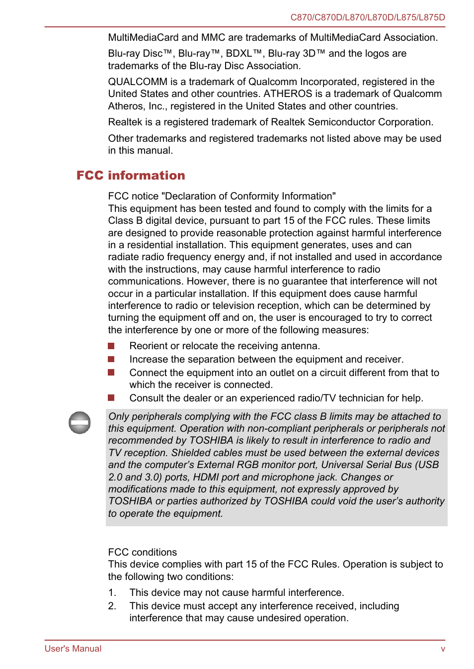 Fcc information | Toshiba Satellite C870-E User Manual | Page 5 / 152