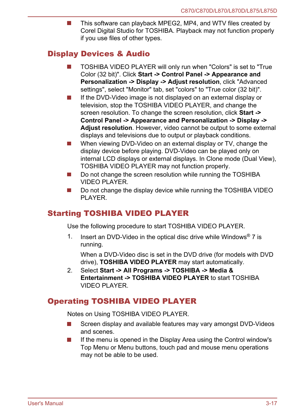 Display devices & audio, Starting toshiba video player, Operating toshiba video player | Toshiba Satellite C870-E User Manual | Page 55 / 152