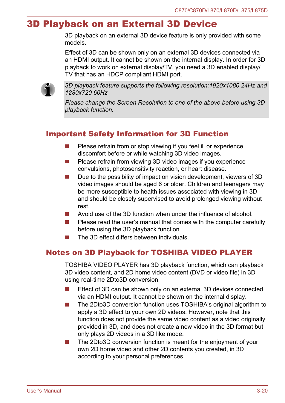 3d playback on an external 3d device, Important safety information for 3d function, Notes on 3d playback for toshiba video player | 3d playback on an external 3d device -20 | Toshiba Satellite C870-E User Manual | Page 58 / 152