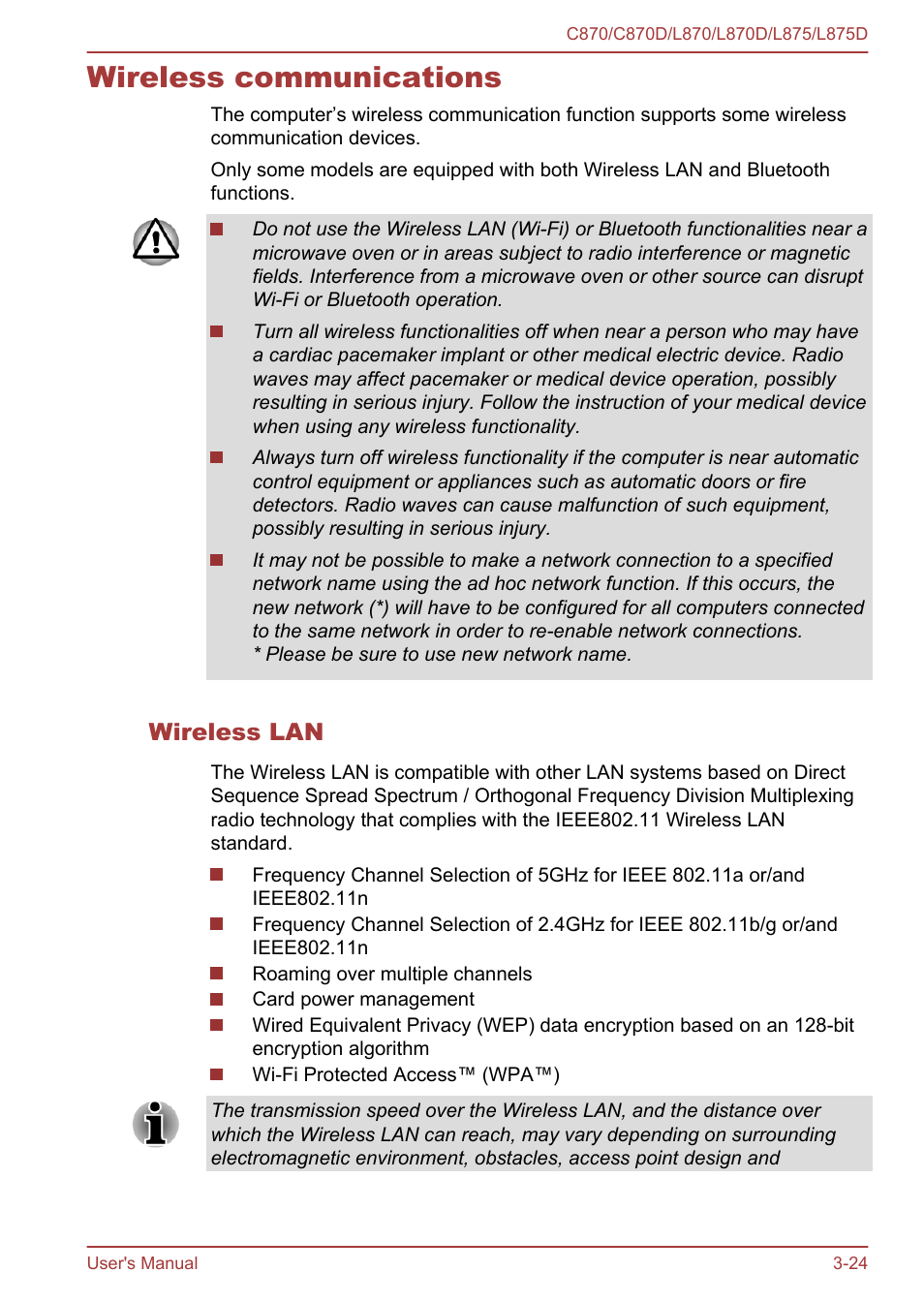 Wireless communications, Wireless lan, Wireless communications -24 | Toshiba Satellite C870-E User Manual | Page 62 / 152