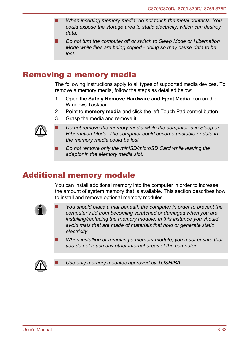 Removing a memory media, Additional memory module, Section in | Toshiba Satellite C870-E User Manual | Page 71 / 152