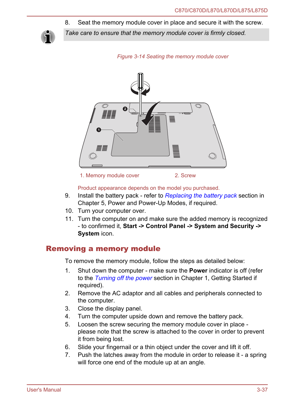 Removing a memory module | Toshiba Satellite C870-E User Manual | Page 75 / 152