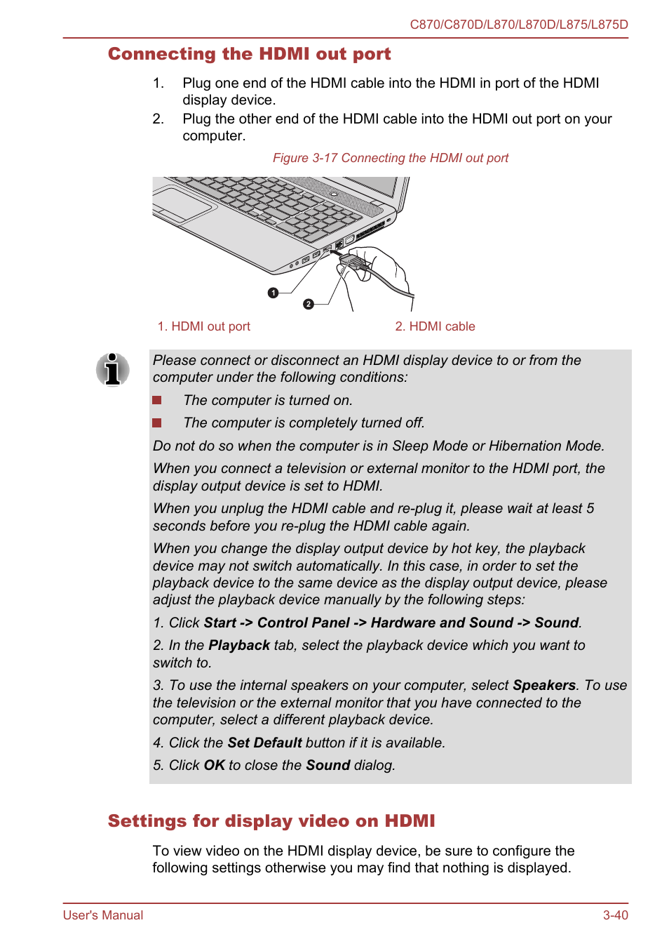 Connecting the hdmi out port, Settings for display video on hdmi | Toshiba Satellite C870-E User Manual | Page 78 / 152