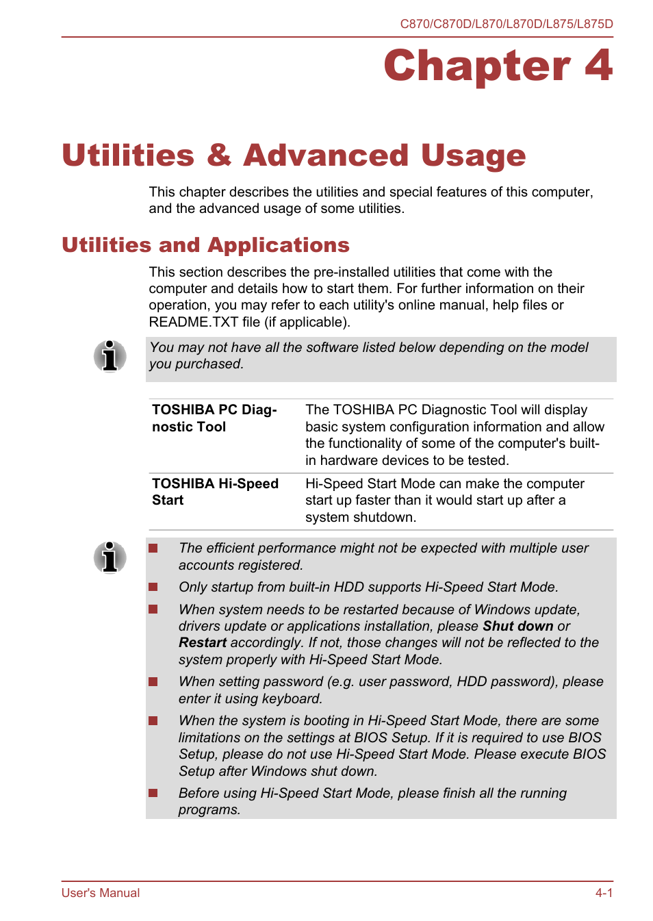 Chapter 4 utilities & advanced usage, Utilities and applications, Chapter 4 | Utilities & advanced usage, Utilities and applications -1 | Toshiba Satellite C870-E User Manual | Page 84 / 152