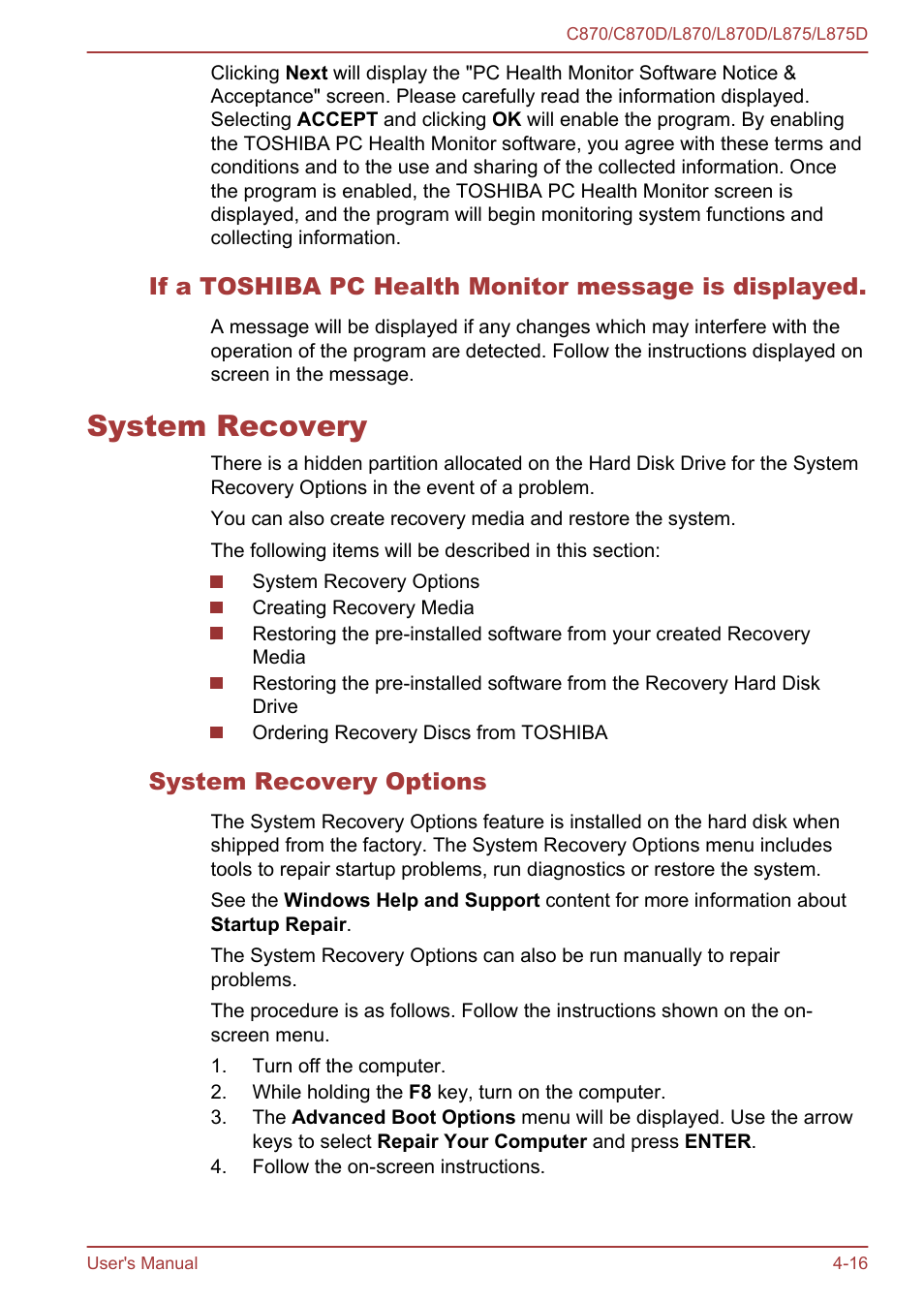 System recovery, System recovery options, System recovery -16 | Toshiba Satellite C870-E User Manual | Page 99 / 152