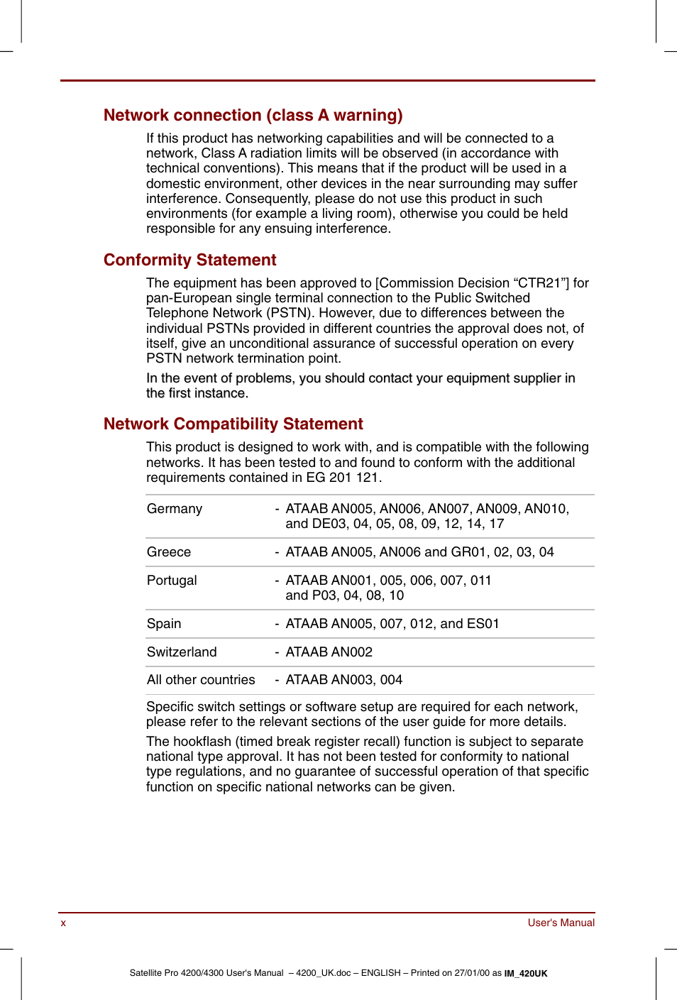 Network connection (class a warning), Conformity statement, Network compatibility statement | Toshiba Satellite Pro 4320 User Manual | Page 10 / 230