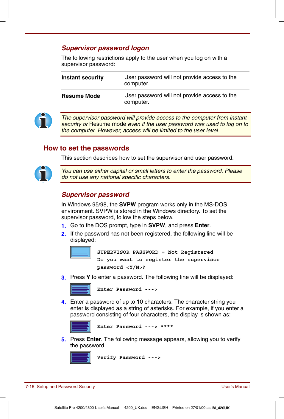 How to set the passwords -16, How to set the passwords | Toshiba Satellite Pro 4320 User Manual | Page 104 / 230