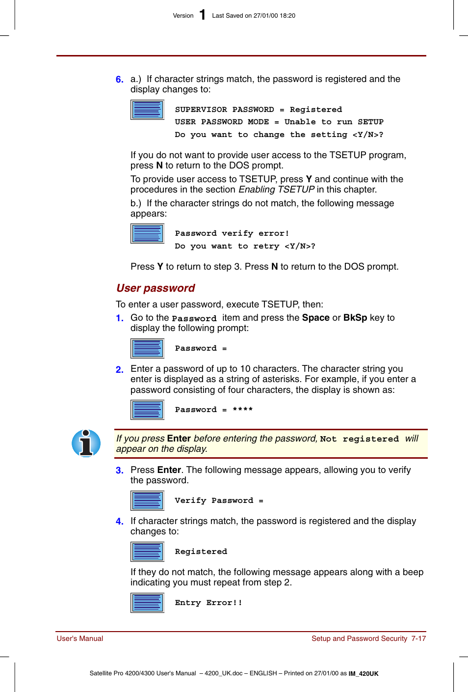 User password | Toshiba Satellite Pro 4320 User Manual | Page 105 / 230