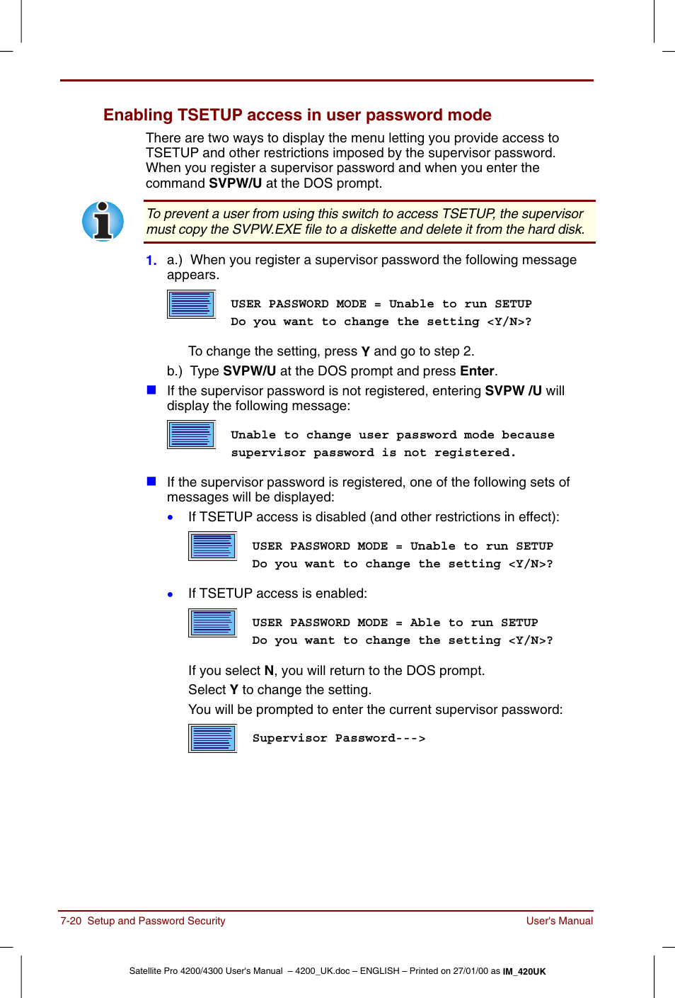 Enabling tsetup access in user password mode -20, Enabling tsetup access in user password mode | Toshiba Satellite Pro 4320 User Manual | Page 108 / 230