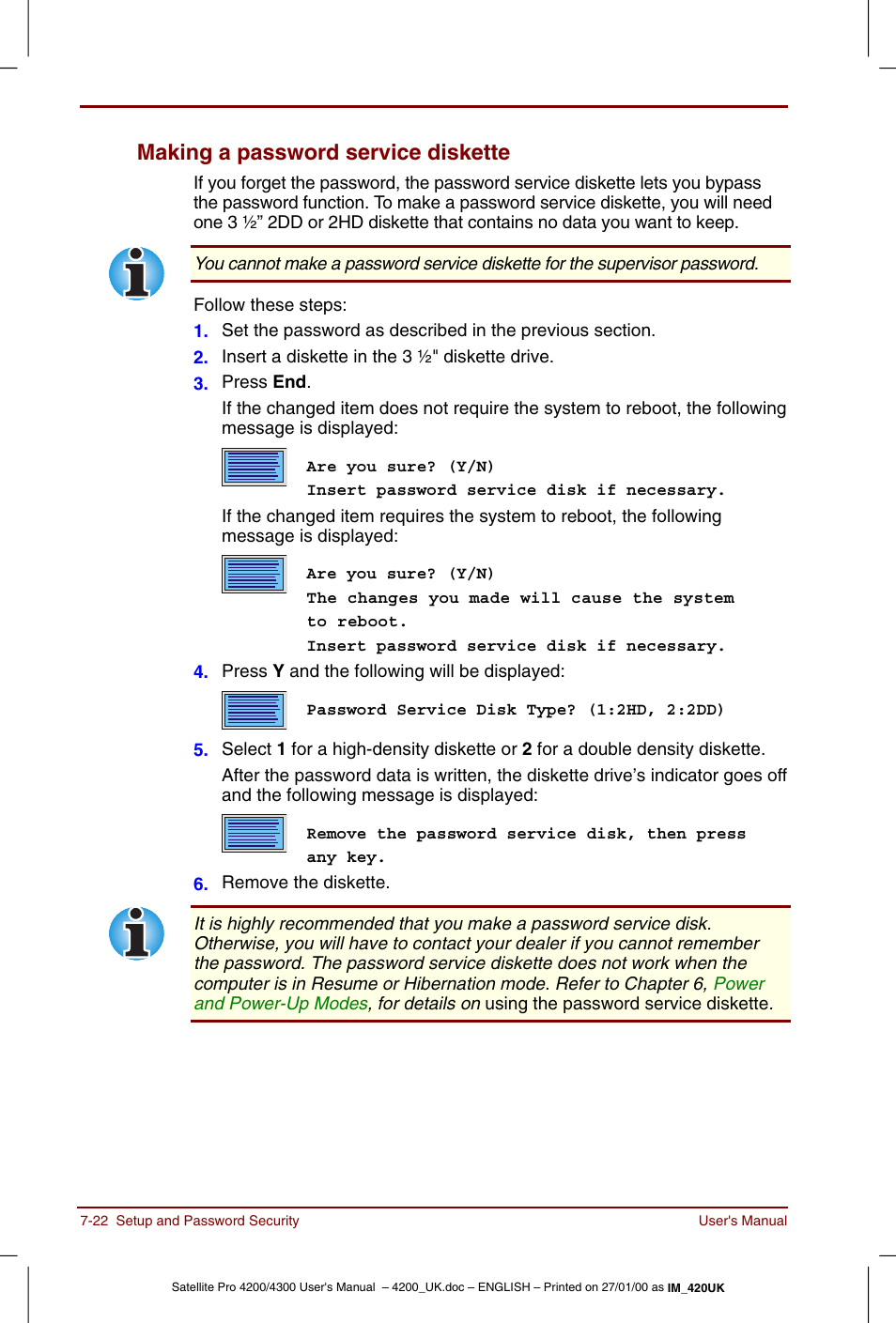 Making a password service diskette -22, Making a password service diskette | Toshiba Satellite Pro 4320 User Manual | Page 110 / 230