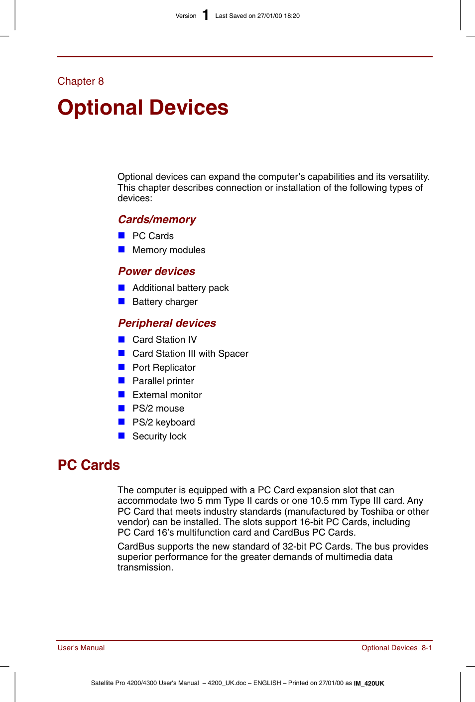 Chapter 8, Optional devices, Pc cards | Chapter 8: optional devices, Pc cards -1, Describes the optional hardware available | Toshiba Satellite Pro 4320 User Manual | Page 113 / 230