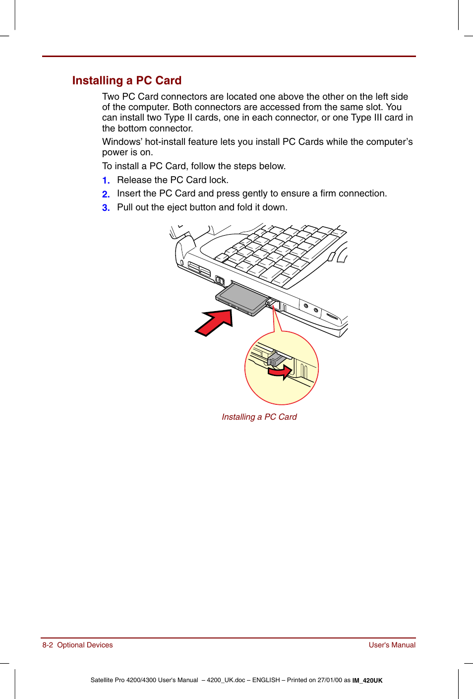 Installing a pc card -2, Installing a pc card | Toshiba Satellite Pro 4320 User Manual | Page 114 / 230