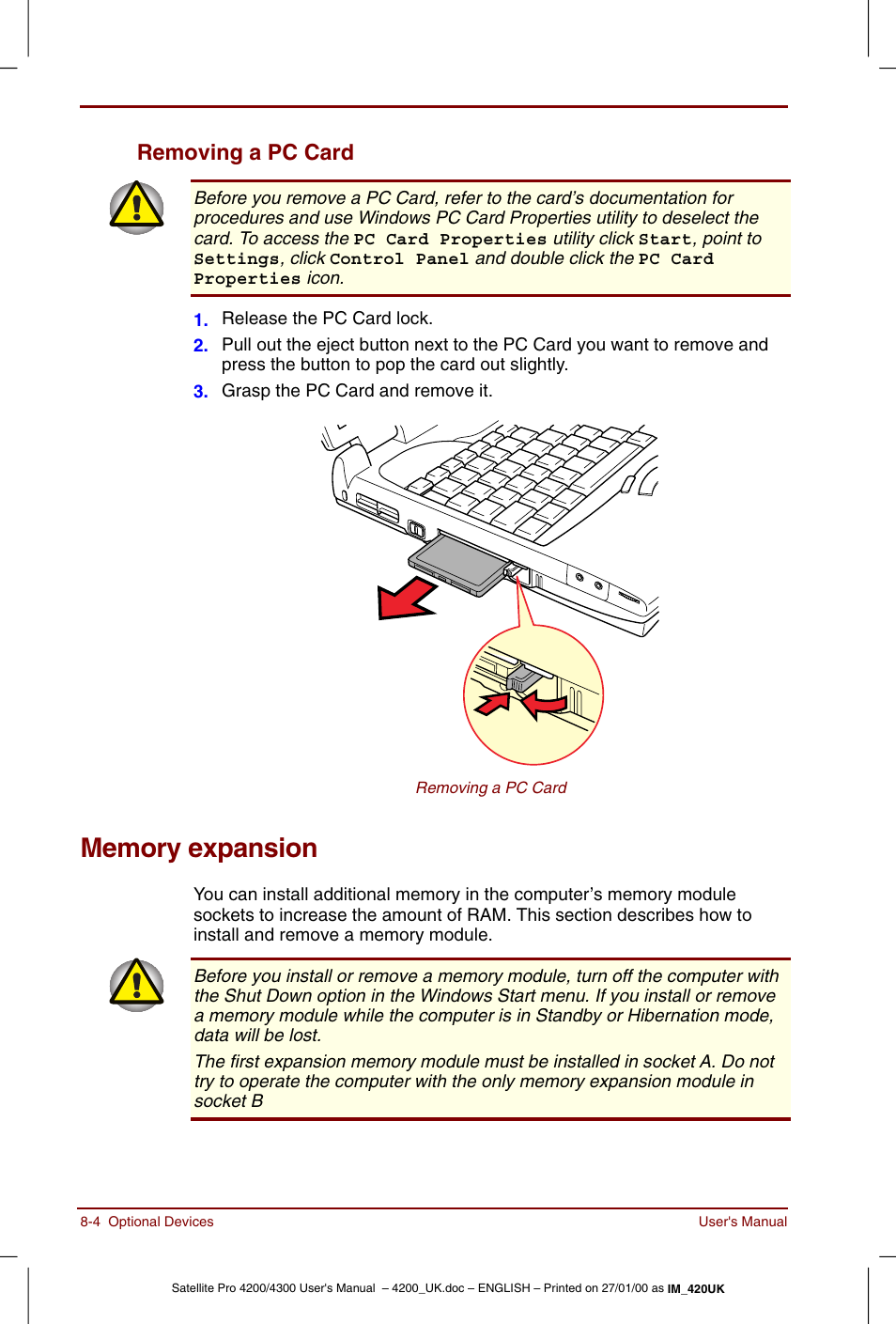 Memory expansion, Removing a pc card -4, Memory expansion -4 | Removing a pc card | Toshiba Satellite Pro 4320 User Manual | Page 116 / 230