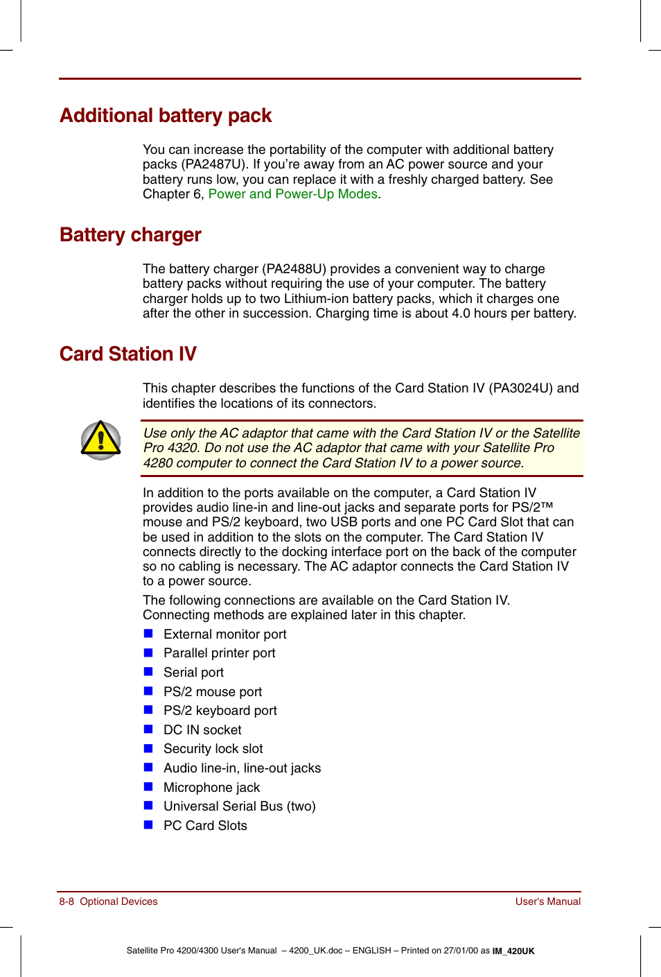 Additional battery pack, Battery charger, Card station€iv | Card station iv | Toshiba Satellite Pro 4320 User Manual | Page 120 / 230