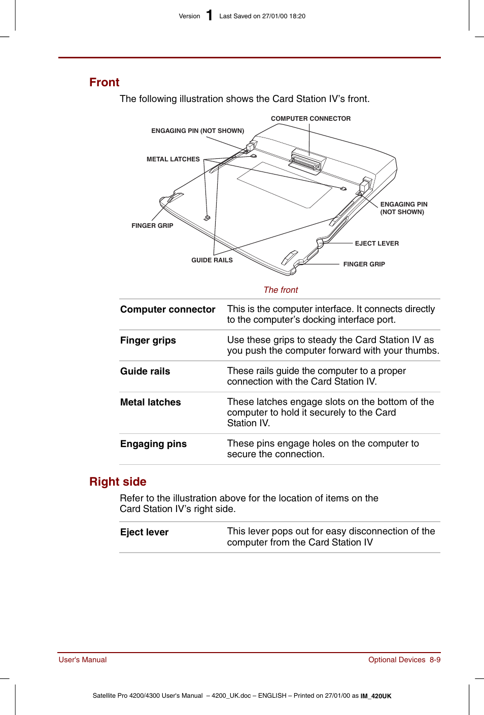 Front -9 right side -9, Front, Right side | Toshiba Satellite Pro 4320 User Manual | Page 121 / 230