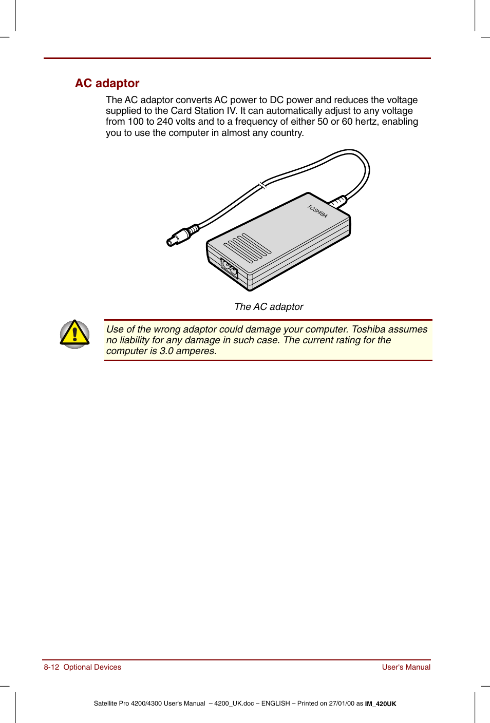 Ac adaptor -12, Ac adaptor | Toshiba Satellite Pro 4320 User Manual | Page 124 / 230