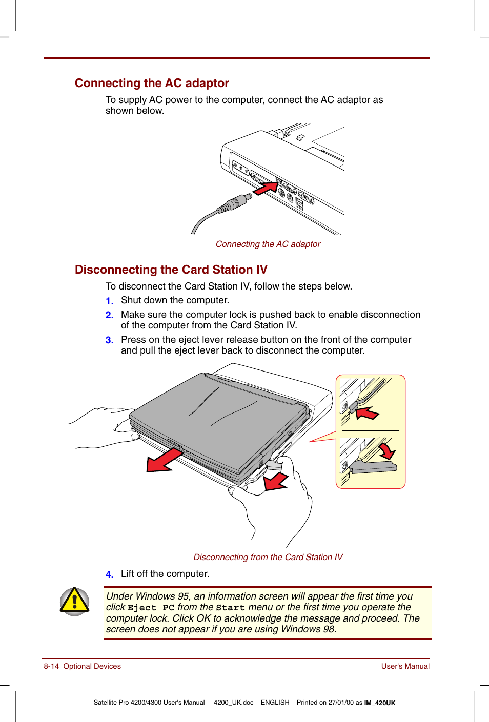 Connecting the ac adaptor, Disconnecting the card station iv | Toshiba Satellite Pro 4320 User Manual | Page 126 / 230