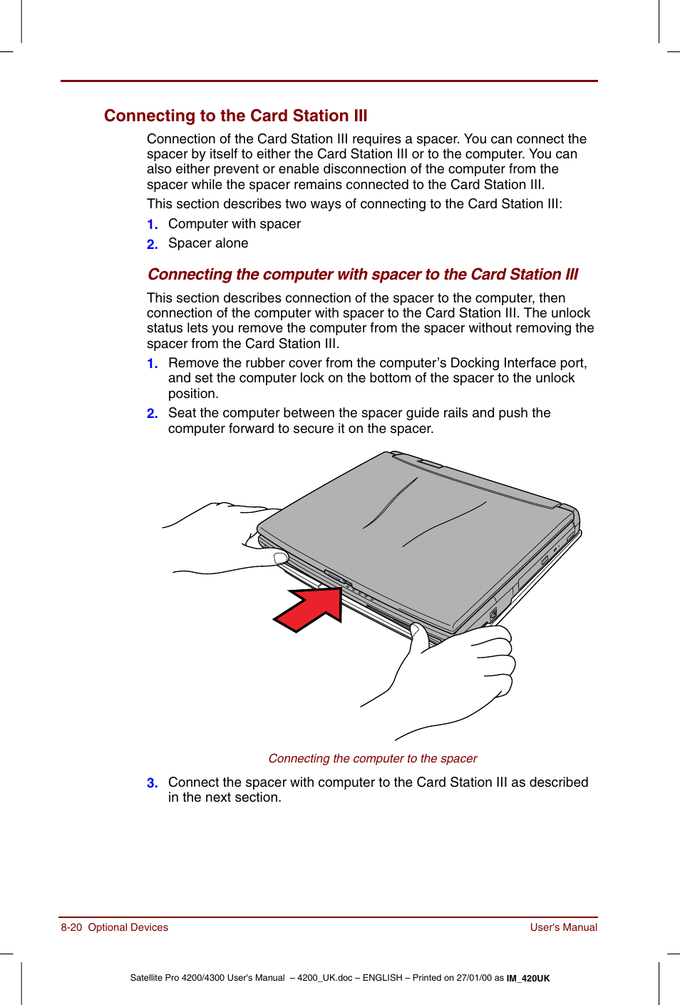 Connecting to the card station iii -20, Connecting to the card station iii | Toshiba Satellite Pro 4320 User Manual | Page 132 / 230