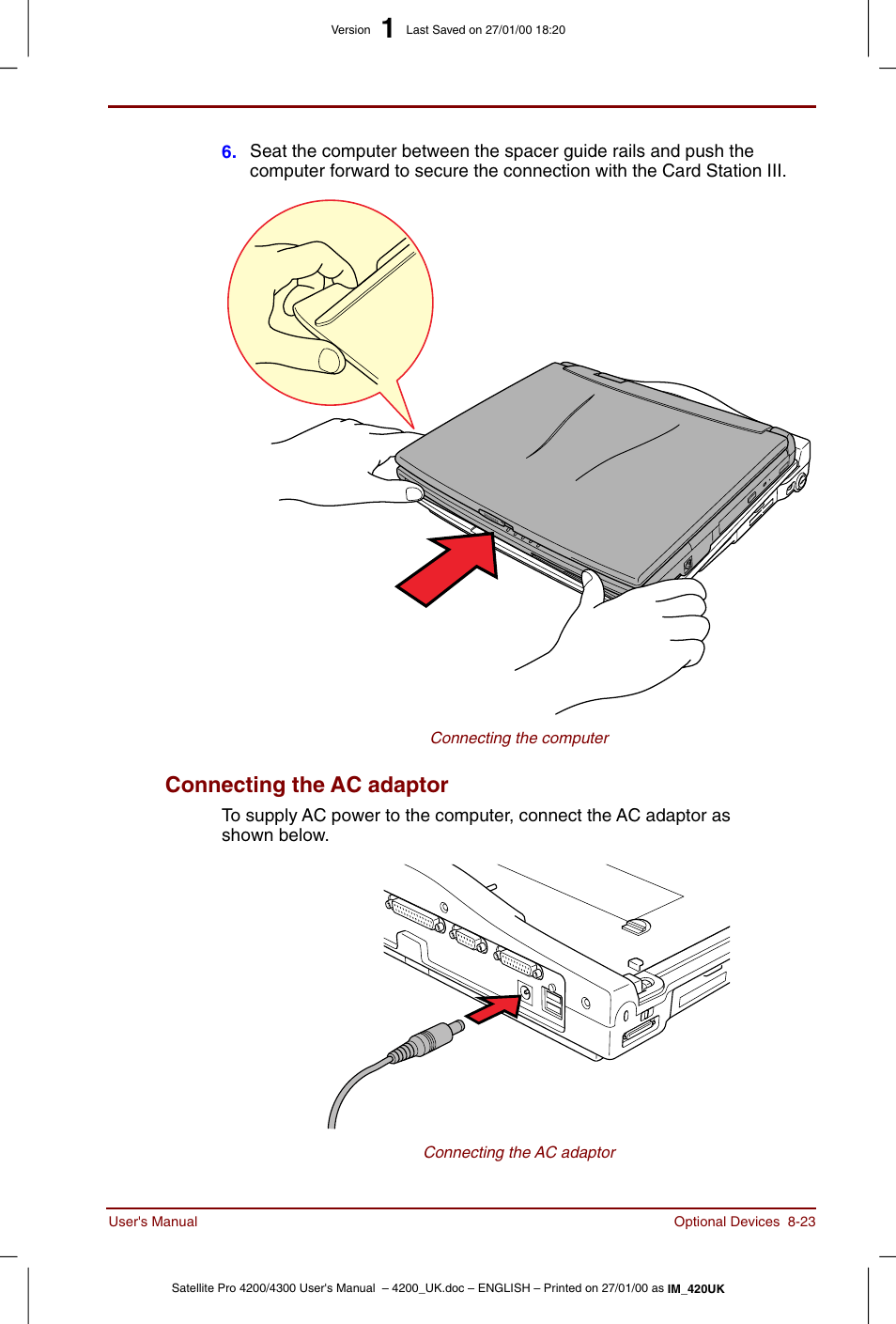 Connecting the ac adaptor -23, Connecting the ac adaptor | Toshiba Satellite Pro 4320 User Manual | Page 135 / 230