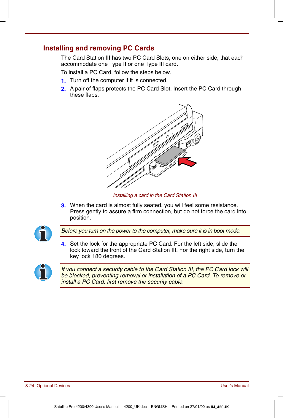 Installing and removing pc cards -24, Installing and removing pc cards | Toshiba Satellite Pro 4320 User Manual | Page 136 / 230