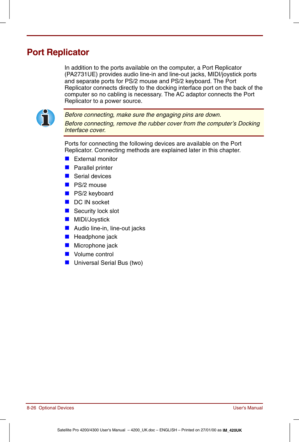 Port replicator, Port replicator -26 | Toshiba Satellite Pro 4320 User Manual | Page 138 / 230