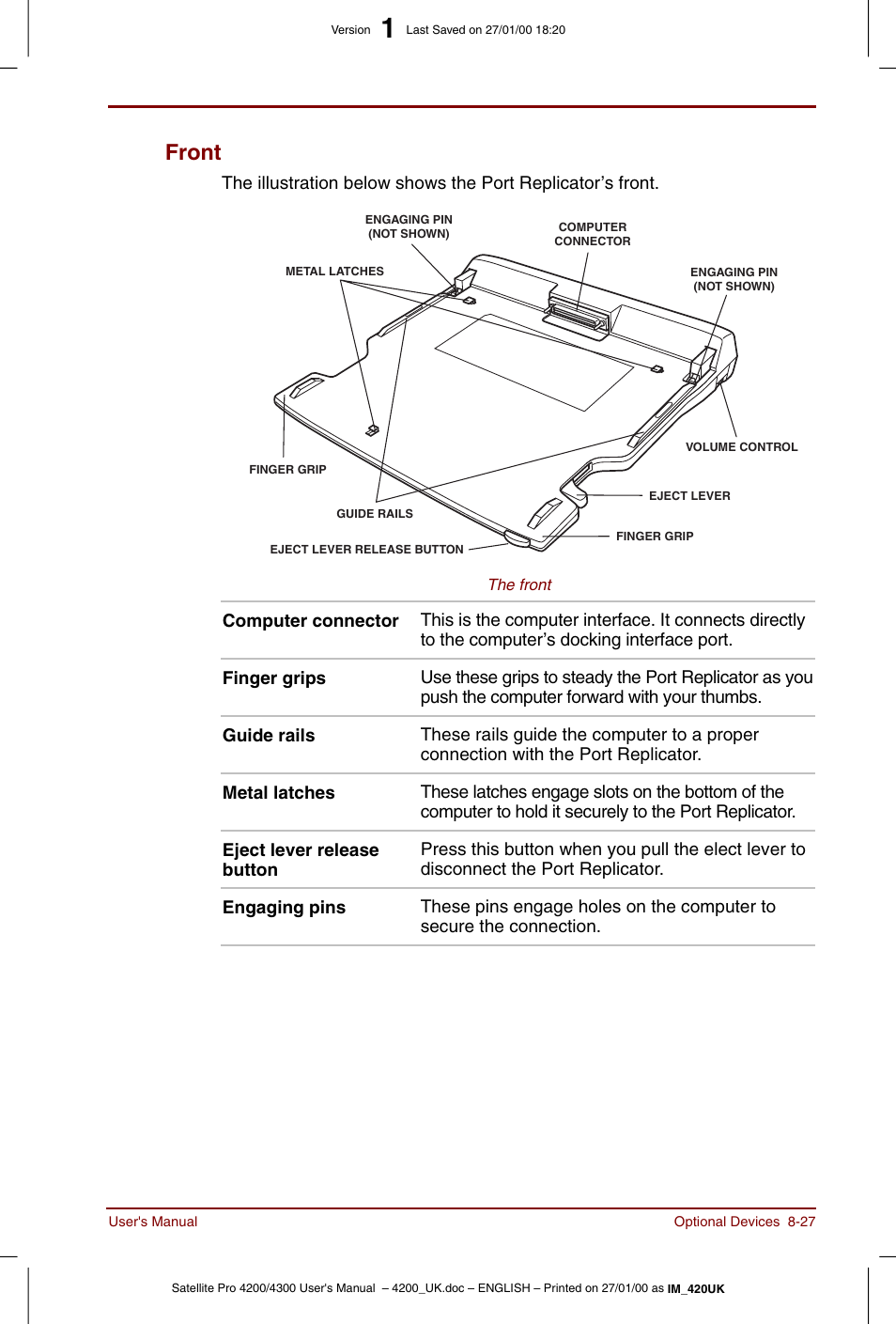 Front -27, Front | Toshiba Satellite Pro 4320 User Manual | Page 139 / 230