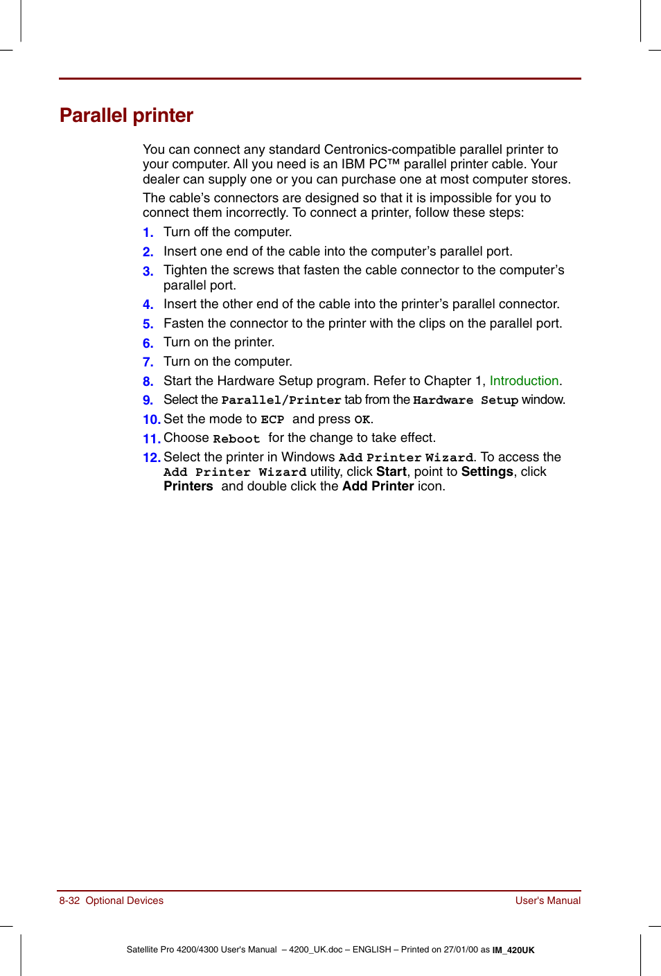 Parallel printer, Parallel printer -32 | Toshiba Satellite Pro 4320 User Manual | Page 144 / 230