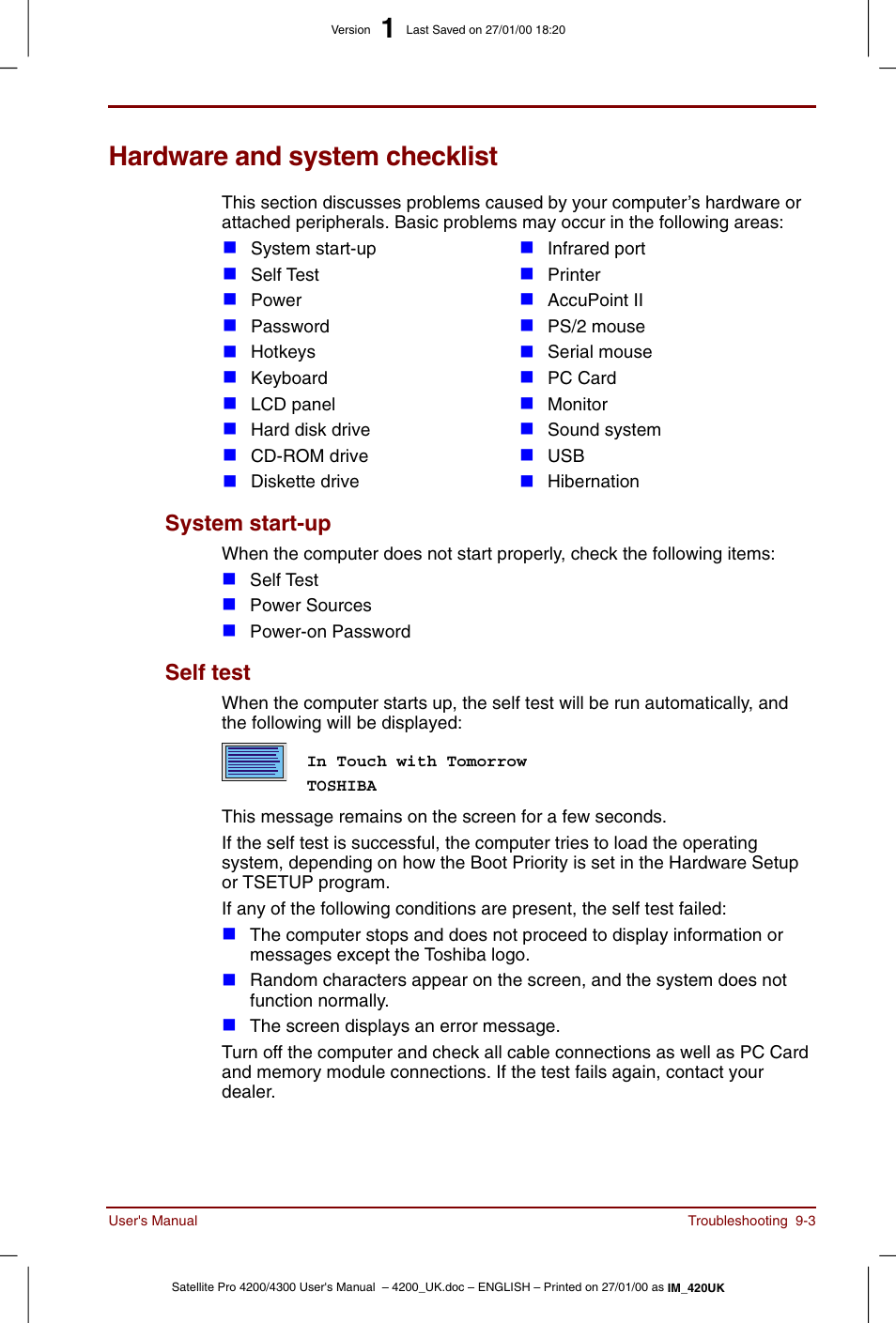 Hardware and system checklist, Hardware and system checklist -3, System start-up -3 self test -3 | Toshiba Satellite Pro 4320 User Manual | Page 151 / 230